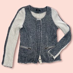 Drew Zipper Front Ivory Blue Tweed Look Sweater Jacket Raw Edges SMALL